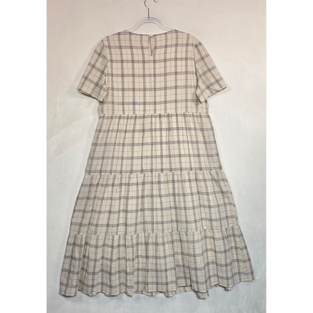 Tea n Rose Plaid Dress Womens Medium Cream Cottagecore Boho Minimalist Academia - Picture 7 of 16